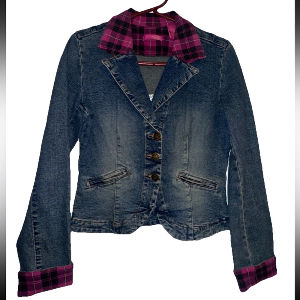 NWOT Y2K Traffic Soda Cropped Denim Blazer With Plaid Accent & Embroidered Back - Picture 6 of 11